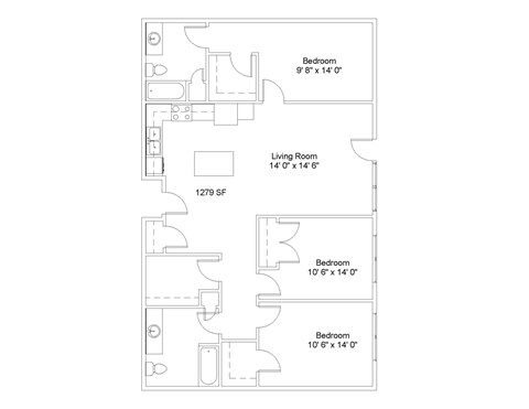 Floor plan for 3 beds, 2 baths, 1279 sqft